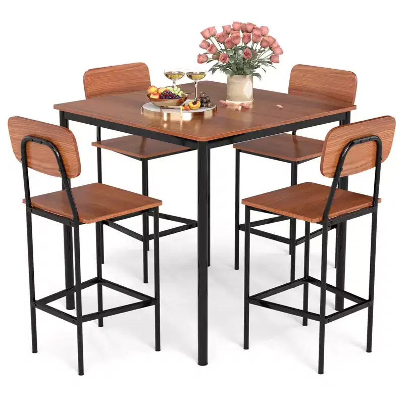 Costway 5-teiliges Industrie-Essgruppen-Set mit Stehtisch & 4 Barhockern Schwarz/Grau/Walnuss