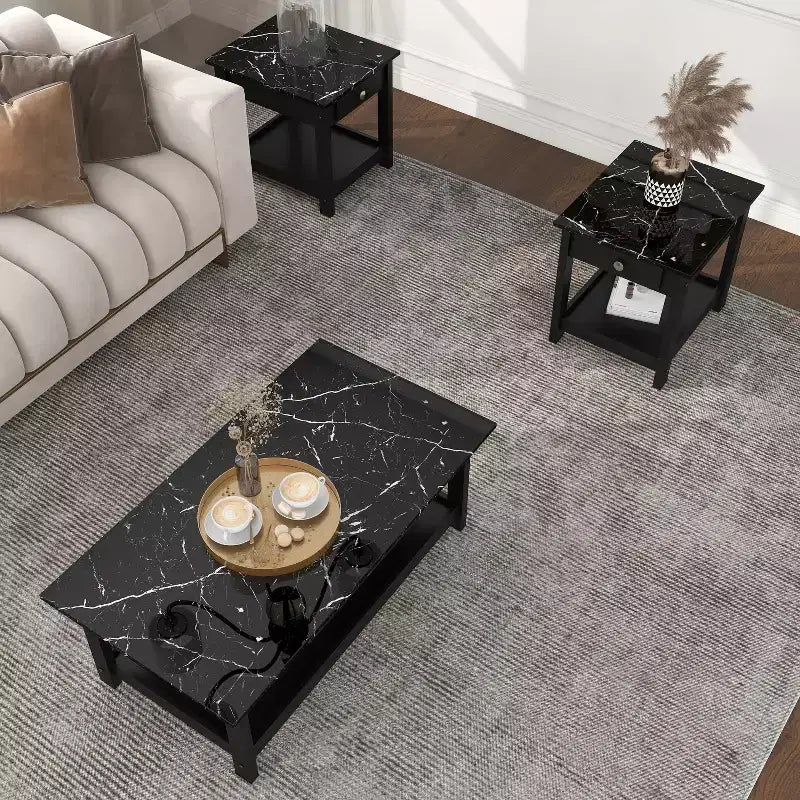 3-tlg. Minsay Transitional Couch- und Beistelltisch-Set mit Ablage und Kunstmarmorplatte – HOMES: Inside + Out
