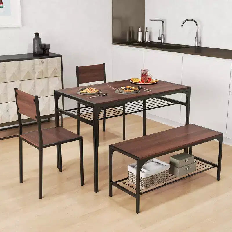 Costway Esszimmertisch-Set für 4 Personen, rechteckiger Tisch mit 2 Stühlen und 1 Bank, Ablagefächer, Rustikal Braun/Grau/Braun