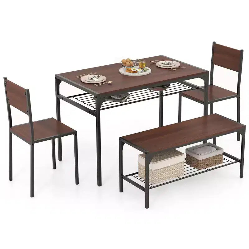 Costway Esszimmertisch-Set für 4 Personen, rechteckiger Tisch mit 2 Stühlen und 1 Bank, Ablagefächer, Rustikal Braun/Grau/Braun