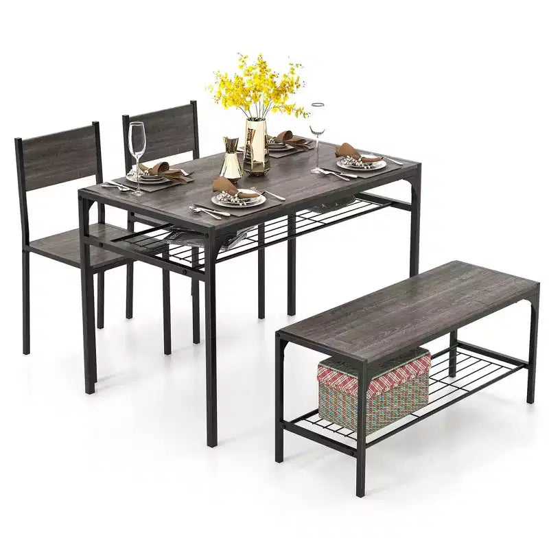 Costway Esszimmertisch-Set für 4 Personen, rechteckiger Tisch mit 2 Stühlen und 1 Bank, Ablagefächer, Rustikal Braun/Grau/Braun