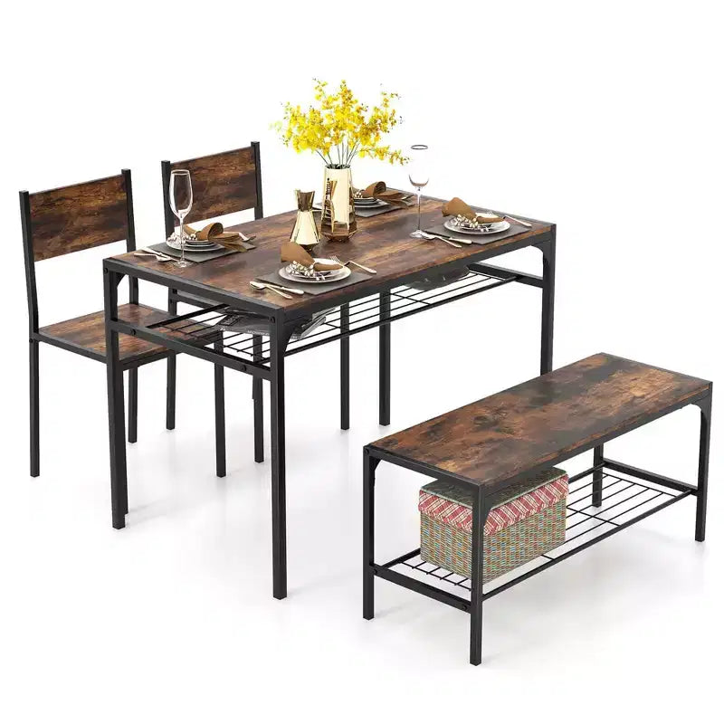 Costway Esszimmertisch-Set für 4 Personen, rechteckiger Tisch mit 2 Stühlen und 1 Bank, Ablagefächer, Rustikal Braun/Grau/Braun