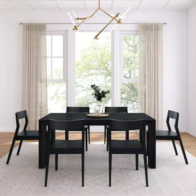 Plank+Beam 72" Moderner Esszimmertisch aus Massivholz, schwarz gebürstet, + 6 Stühle