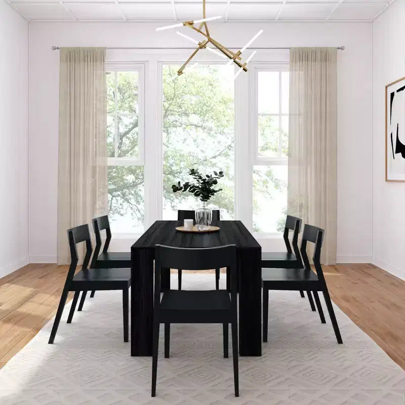 Plank+Beam 72" Moderner Esszimmertisch aus Massivholz, schwarz gebürstet, + 6 Stühle