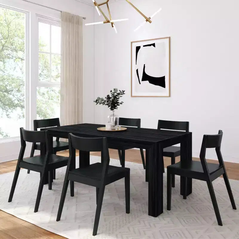 Plank+Beam 72" Moderner Esszimmertisch aus Massivholz, schwarz gebürstet, + 6 Stühle