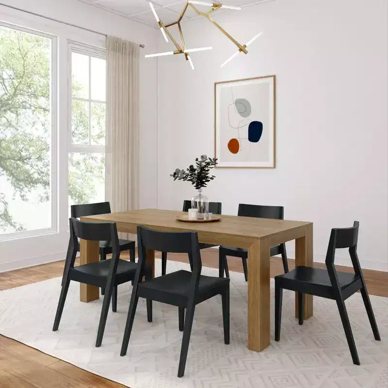 Plank+Beam 72 Modern Solid Wood Dining Table Set, Black Wirebrush, + 6 Chairs