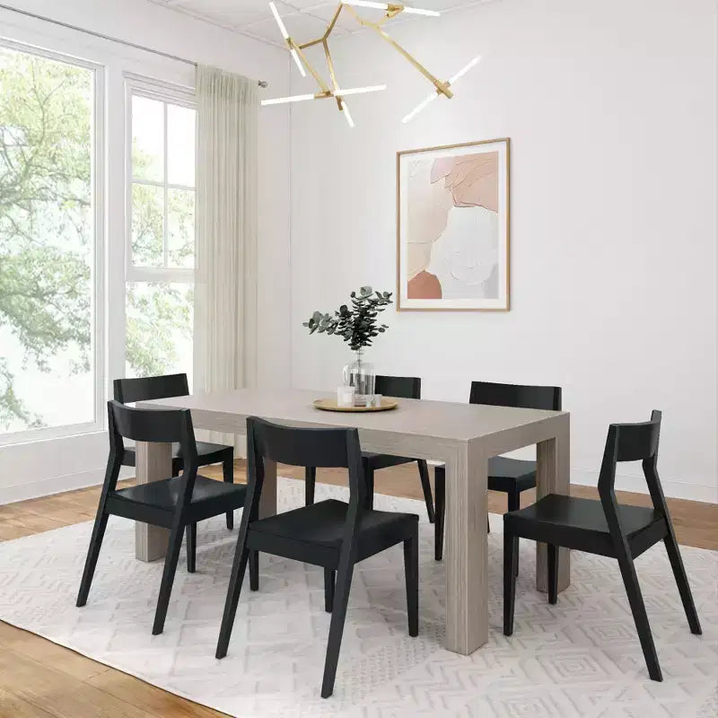 Plank+Beam 72" Moderner Esszimmertisch aus Massivholz, schwarz gebürstet, + 6 Stühle