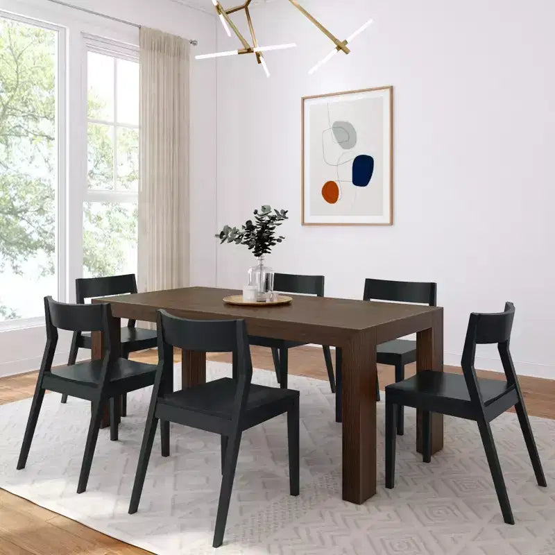 Plank+Beam 72" Moderner Esszimmertisch aus Massivholz, schwarz gebürstet, + 6 Stühle