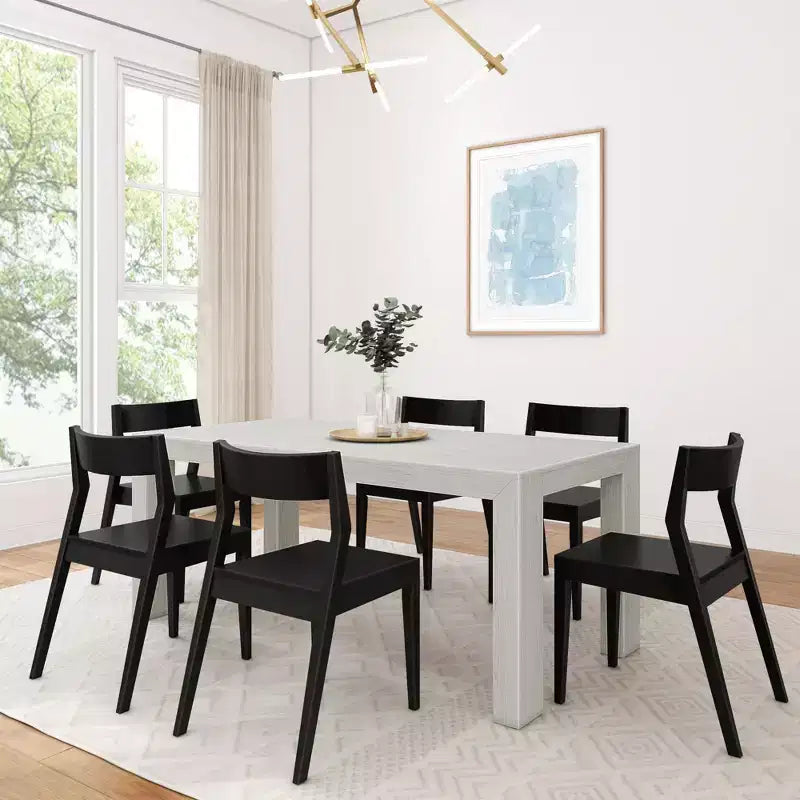 Plank+Beam 72" Moderner Esszimmertisch aus Massivholz, schwarz gebürstet, + 6 Stühle