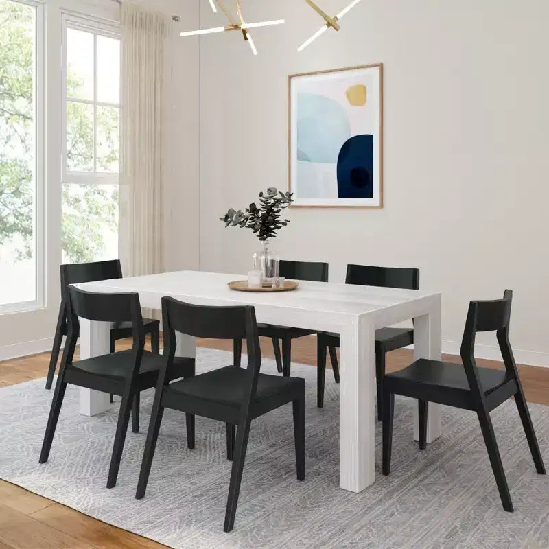 Plank+Beam 72" Moderner Esszimmertisch aus Massivholz, schwarz gebürstet, + 6 Stühle