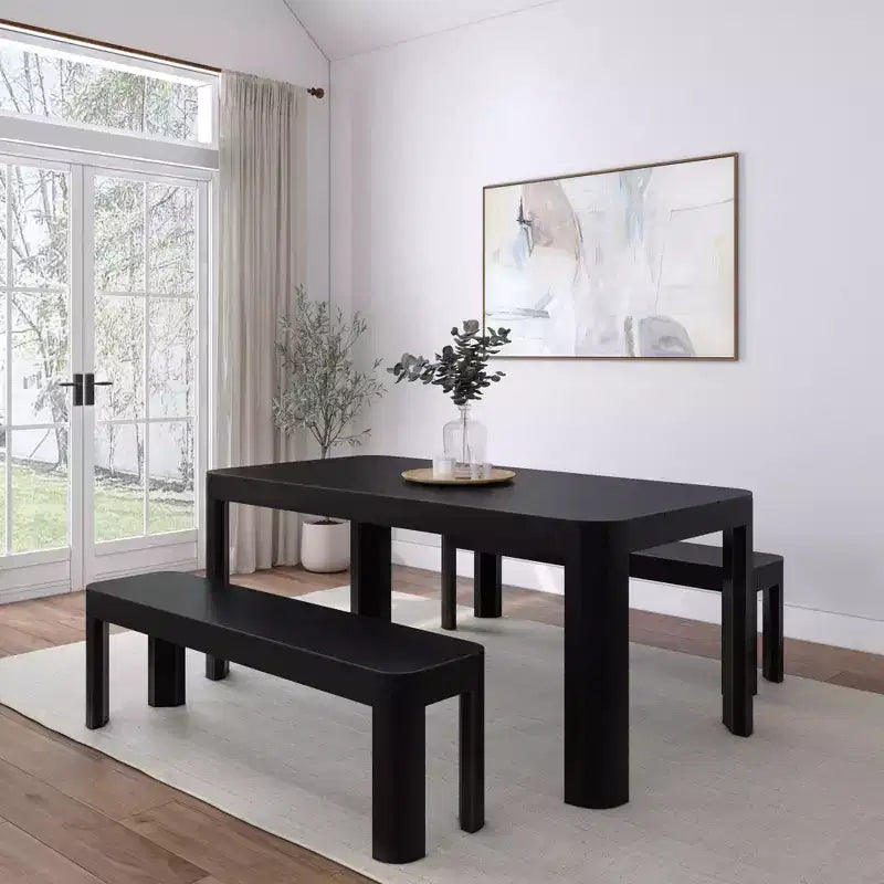 Plank+Beam 72" Modernes Esszimmertisch-Set aus massivem Holz mit abgerundeten Kanten und 2 Bänken