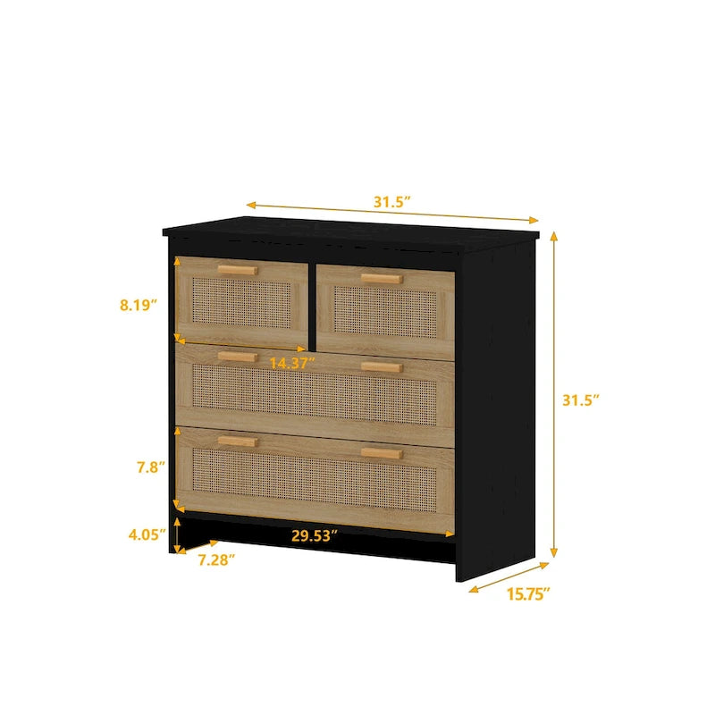 Rattan-Kommode mit 4 Schubladen, für Schlafzimmer, Wohnzimmer, Esszimmer, Flur