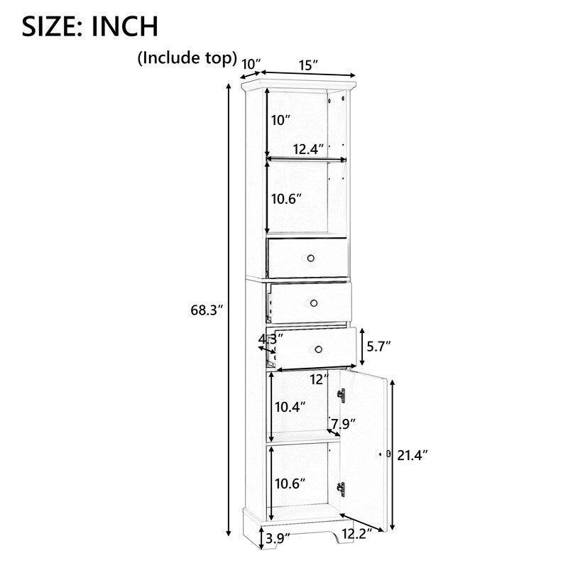 Freistehender Badezimmerschrank mit 3 Schubladen und verstellbarem Regal