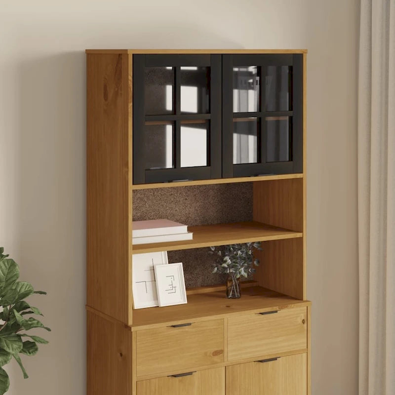 Aufsatz für Highboard mit Glastüren, Kiefer Massivholz - 80 x 37 x 100 cm
