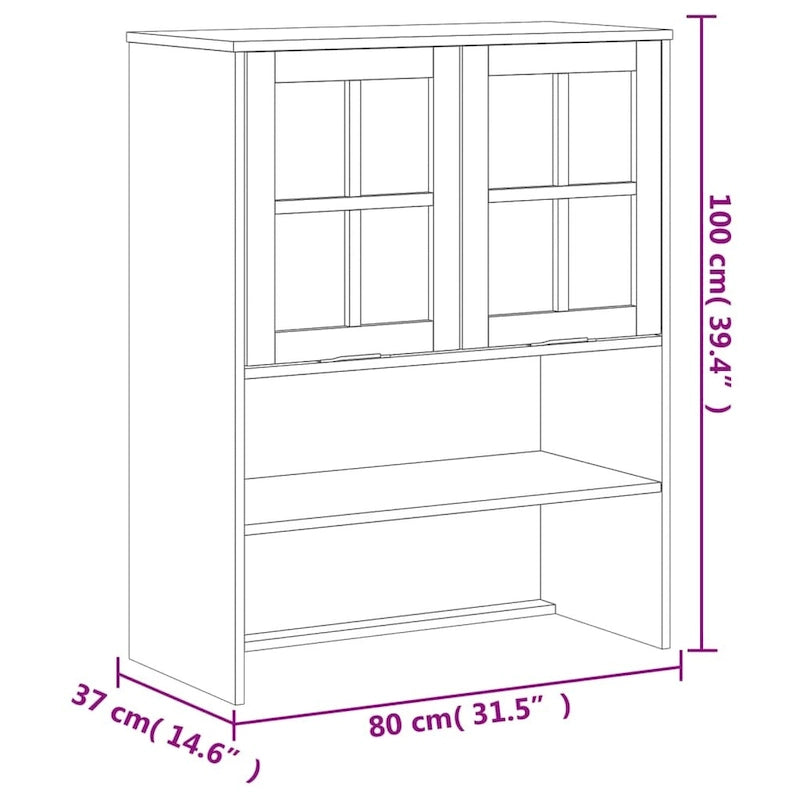 Aufsatz für Highboard mit Glastüren, Kiefer Massivholz - 80 x 37 x 100 cm