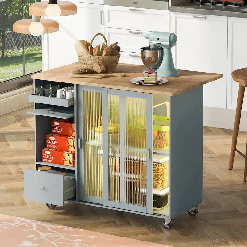 Kücheninsel mit Klappplatte, LED-beleuchteter Küchenwagen auf Rollen