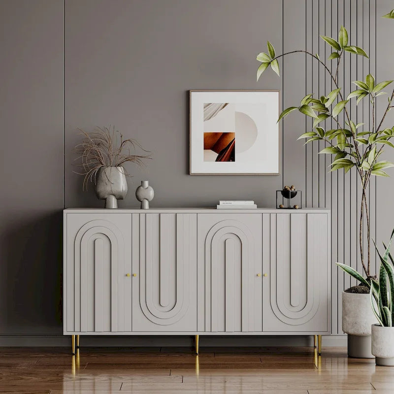 Modernes grau lackiertes 4-türiges Holzschrank-Sideboard Buffet Anrichte