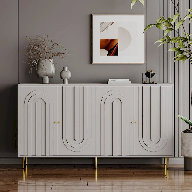 Modernes grau lackiertes 4-türiges Holzschrank-Sideboard Buffet Anrichte