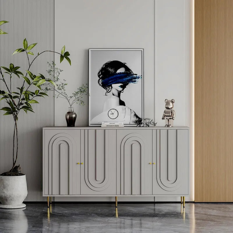 Modernes grau lackiertes 4-türiges Holzschrank-Sideboard Buffet Anrichte