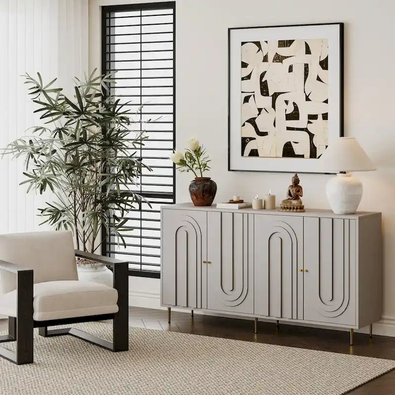 Modernes grau lackiertes 4-türiges Holzschrank-Sideboard Buffet Anrichte
