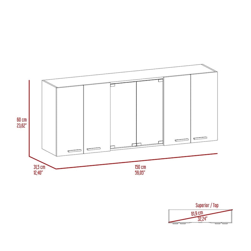 59-Zoll-Hängeschrank mit zwei Glastüren und mittigem Schrank, weiß