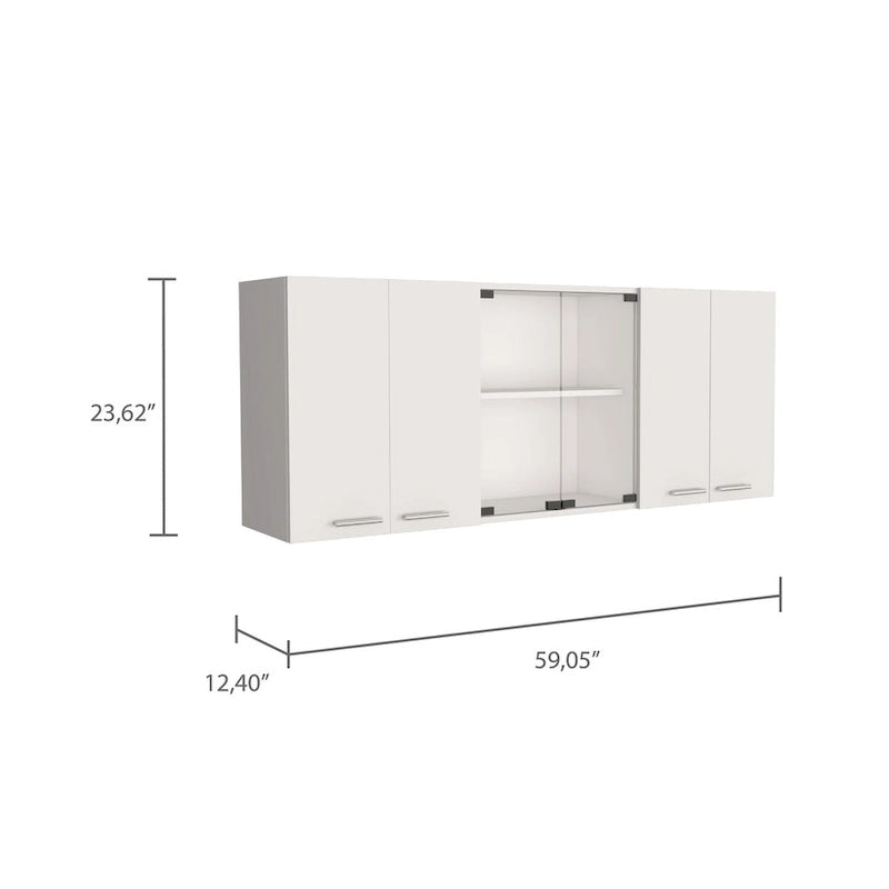 59-Zoll-Hängeschrank mit zwei Glastüren und mittigem Schrank, weiß
