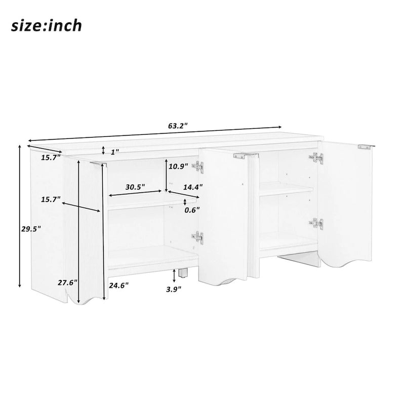 Vertikale Streifen und gewelltes Design eines viertürigen Schranks, geeignet für Flur, Diele, Wohnzimmer