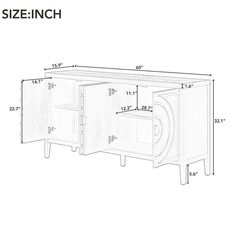 Retro-Sideboardtür mit kreisförmigem Rillenmuster und rundem Metalltürgriff