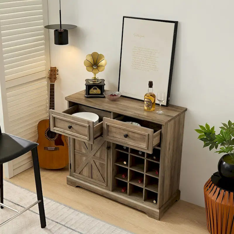 Bauernhaus Buffet-Schrank mit Stauraum Anrichte mit 2 Schubladen, Weinbarschrank mit herausnehmbaren Weinregalen Ablageflächen