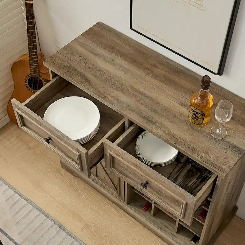 Bauernhaus Buffet-Schrank mit Stauraum Anrichte mit 2 Schubladen, Weinbarschrank mit herausnehmbaren Weinregalen Ablageflächen