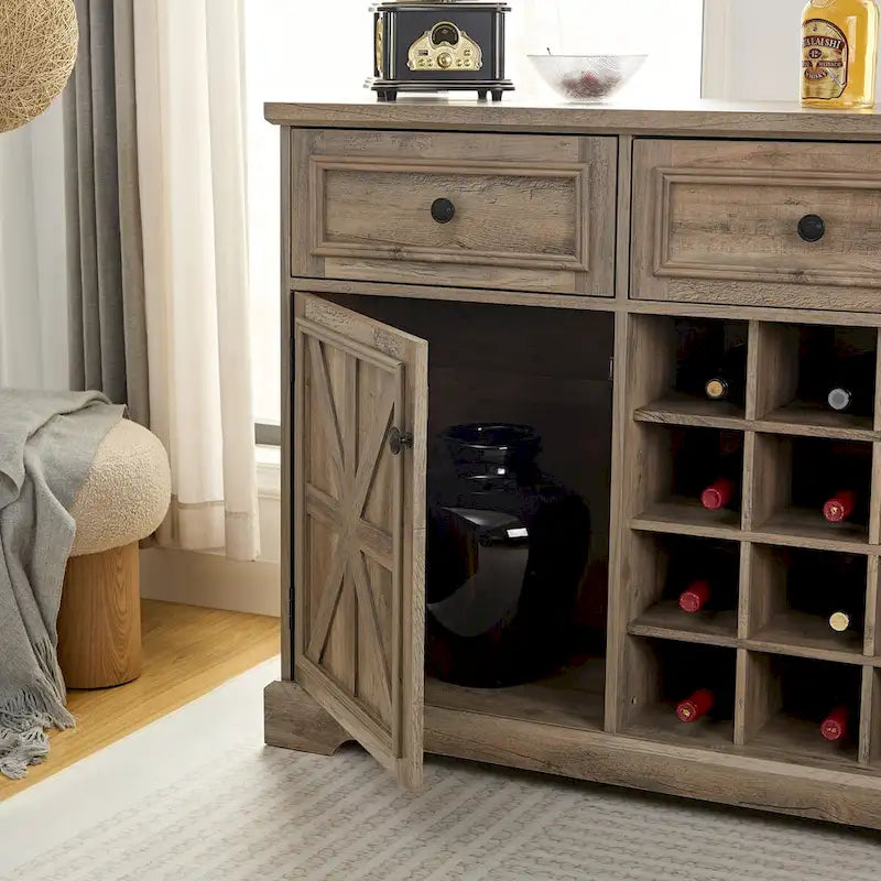 Bauernhaus Buffet-Schrank mit Stauraum Anrichte mit 2 Schubladen, Weinbarschrank mit herausnehmbaren Weinregalen Ablageflächen