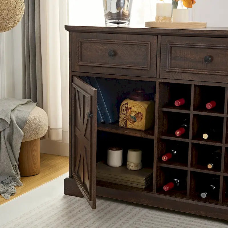 Bauernhaus Buffet-Schrank mit Stauraum Anrichte mit 2 Schubladen, Weinbarschrank mit herausnehmbaren Weinregalen Ablageflächen