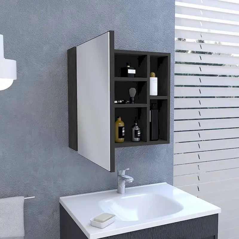 Spiegelschrank mit drei internen Regalböden, einer Tür, zwei externen Regalböden, schwarzer Wenge-Finish