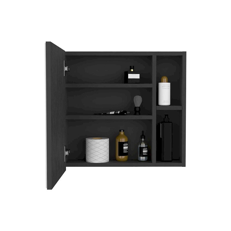 Spiegelschrank mit drei internen Regalböden, einer Tür, zwei externen Regalböden, schwarzer Wenge-Finish