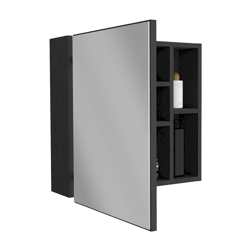 Spiegelschrank mit drei internen Regalböden, einer Tür, zwei externen Regalböden, schwarzer Wenge-Finish