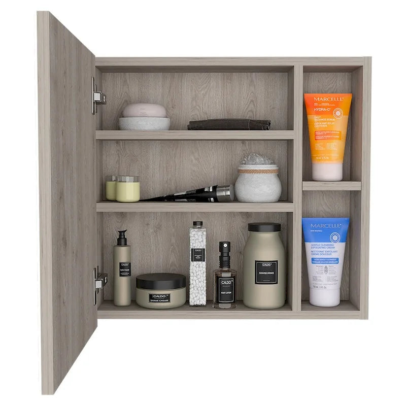 Spiegelschrank mit drei internen Regalböden, einer Tür, zwei externen Regalböden, schwarzer Wenge-Finish