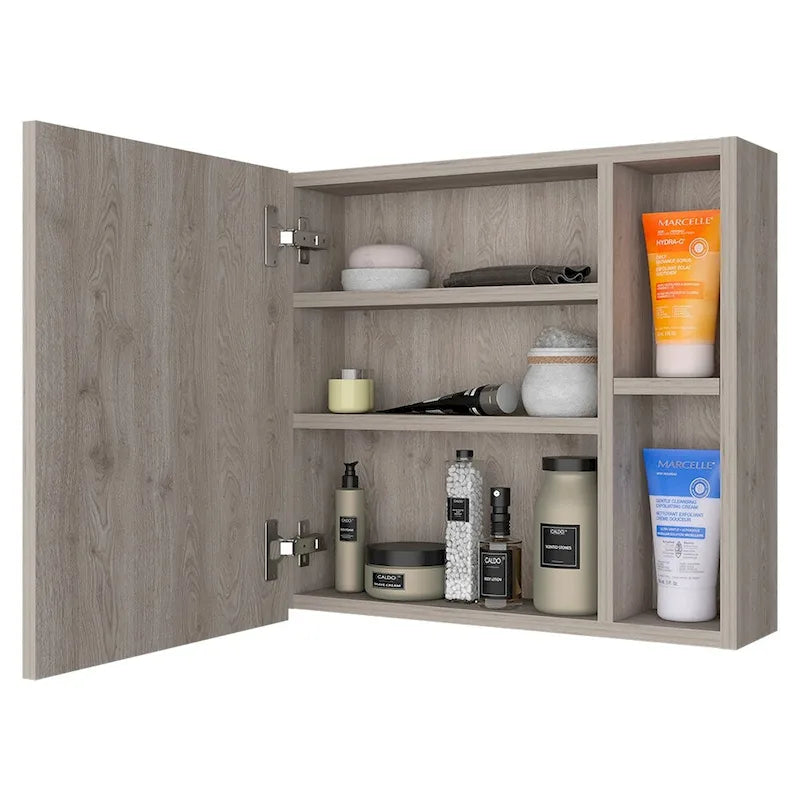 Spiegelschrank mit drei internen Regalböden, einer Tür, zwei externen Regalböden, schwarzer Wenge-Finish