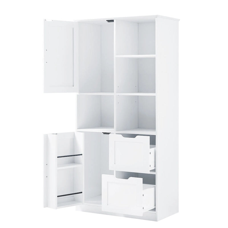 Badezimmerschrank mit Türen und Schubladen, mehrere Stauräume, freistehend, offenes Regal, verstellbarer Einlegeboden, Weiß