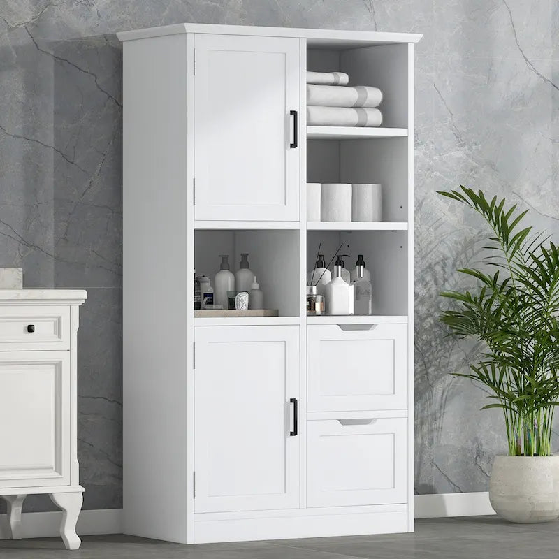 Badezimmerschrank mit Türen und Schubladen, mehrere Stauräume, freistehend, offenes Regal, verstellbarer Einlegeboden, Weiß