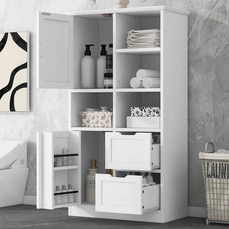 Badezimmerschrank mit Türen und Schubladen, mehrere Stauräume, freistehend, offenes Regal, verstellbarer Einlegeboden, Weiß