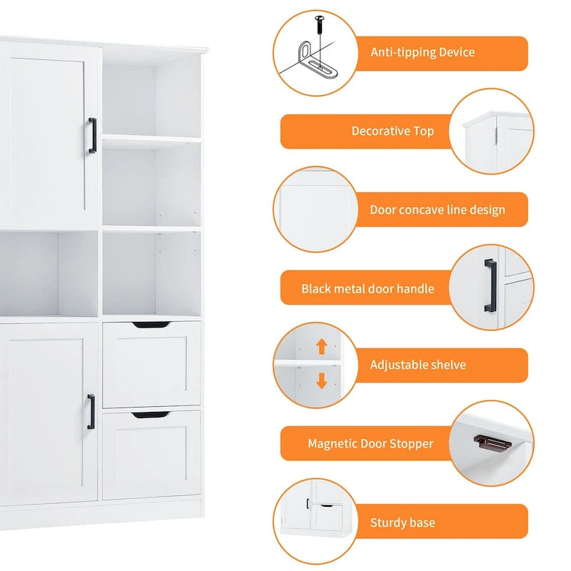 Badezimmerschrank mit Türen und Schubladen, mehrere Stauräume, freistehend, offenes Regal, verstellbarer Einlegeboden, Weiß