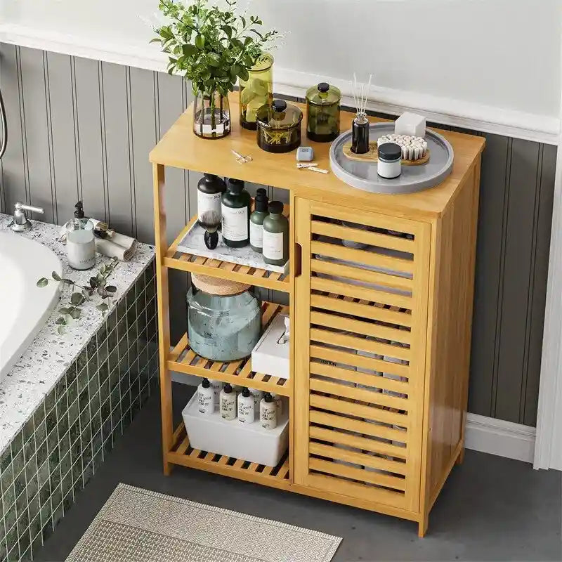 Badezimmerschrank Bambus Wandschrank mit Türen und 3 Seitenablagen - 16T x 36,5B x 91,5H cm