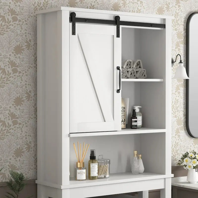 WC-Unterschrank, platzsparender Badschrank, mit verstellbaren Einlegeböden und Scheunentor, 69 x 23 x 170 cm