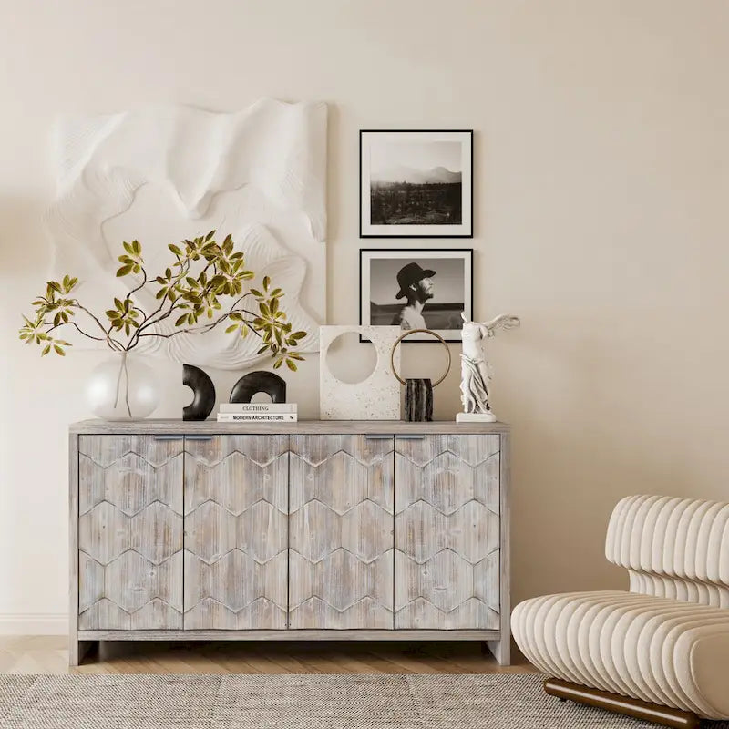 Farmhouse Style 4 Door Wooden Sideboar for Living Room