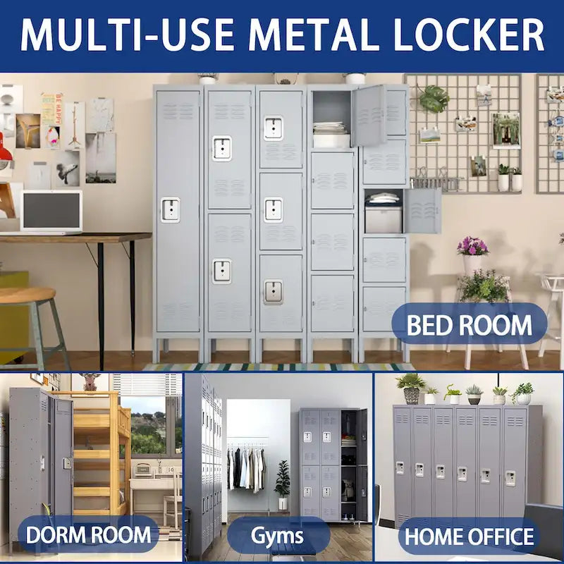 5-türige, 66H Metallspinde mit Schloss für Mitarbeiter, Aufbewahrungsschrank für Home-Gym, Büro, Schule, Garage, Grau